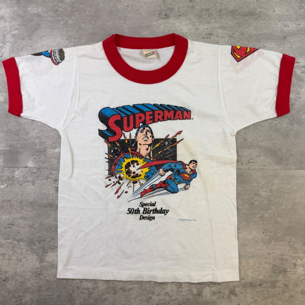 Vintage 1987 Superman 50th Birthday Ringer T-Shirt Kids 10-12 Screen Stars USA